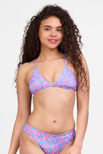 Female model wearing the Women's Triangle Bikini Top in the Moody print, standing in front of a grey background shown from the front view

|| Size L, Bust 32"