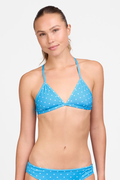 Female model wearing the Women's Triangle Bikini Top in the Zippy print, standing in front of a grey background shown from the front view 

|| Size S, Bust 32"