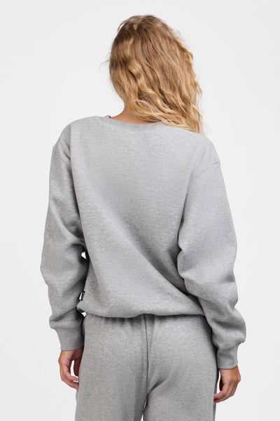 Female model wearing the Women's Ellison Crewneck in the Heather Grey solid, standing in front of a grey background, shown from the back view

|| Size S, Bust 31.5"  