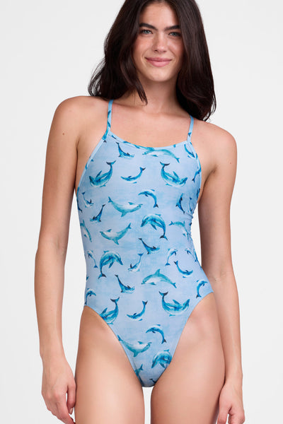 Female model wearing the Women's Brandon One Piece Swimsuit in the Flippy print, standing in front of a grey background shown from the front view

|| Size 30, Torso 61"  