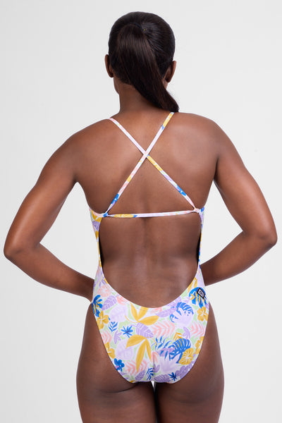 Female model wearing the Womens Brandon One Piece Swimsuit in the Panorama print, standing in front of a grey background shown from the back view

|| Size 28, Torso 59"