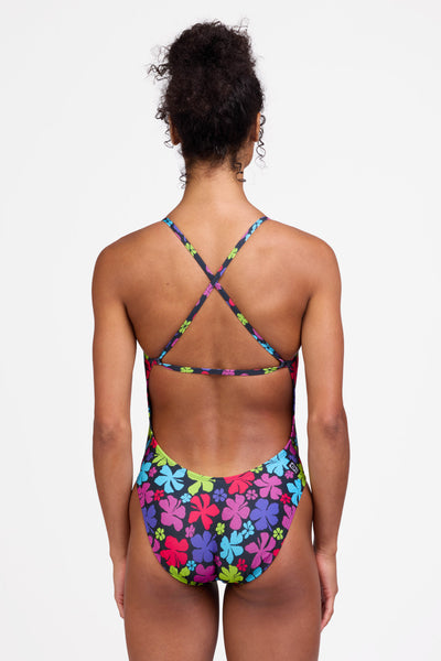 Female model wearing the Women's Brandon One Piece Swimsuit in the Summernova print, standing in front of a grey background shown from the back view

|| Size 28, Torso 56"  