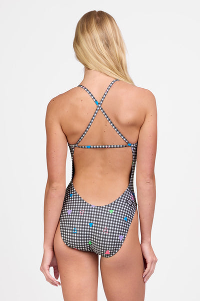 Female model wearing the Women's Brandon One Piece Swimsuit in the Sweety print, standing in front of a grey background shown from the back view

|| Size 28, Torso 58"