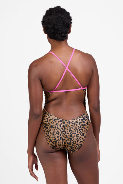 Female model wearing the Women's Brandon One Piece Swimsuit in the Wilder contrast, standing in front of a grey background shown from the back view 

|| Size 30, Torso 60.5"  