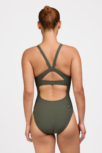 Female model wearing the Women's Caroline One Piece Swimsuit in the Army solid, standing in front of a grey background shown from the back view

|| Size 32, Torso 62.5"  