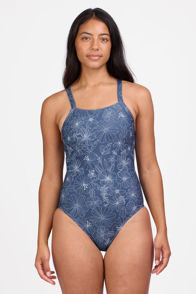 Female model wearing the Women's Caroline One Piece Swimsuit in the Calliope print, standing in front of a grey background shown from the front view

|| Size 30, Height 5'9"