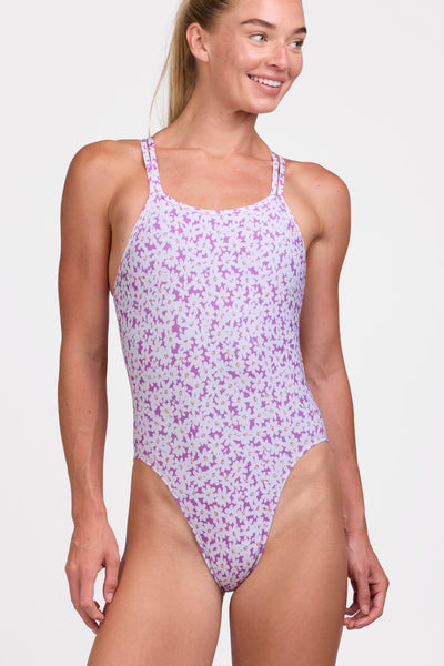 Female model wearing the Women's Cecilia One Piece Swimsuit in the Dovie print, standing in front of a grey background shown from the front view

|| Size 30, Torso 63"  