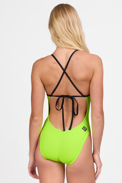 Female model wearing the Women's Jackson Embroidered One Piece Swimsuit in the Bolt Heart solid, standing in front of a grey background shown from the back view

|| Size 28, Torso 58"