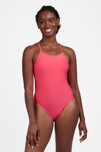 Female model wearing the Women's Jackson One Piece Swimsuit in the Guava Crush solid, standing in front of a grey background, shown from the front view

|| Size 30, Torso 60.5" 