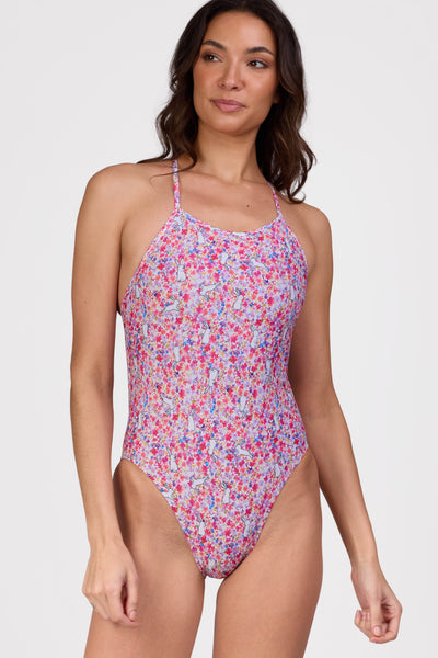 Female model wearing the Women's Jackson One Piece Swimsuit in the Hop Hop print, standing in front of a grey background shown from the front view

|| Size 30, Torso 62"  