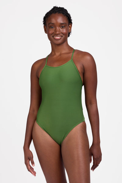 Female model wearing the Women's Jackson One Piece Swimsuit in the Mountain Mist solid, standing in front of a grey background, shown from the front view

|| Size 30, Torso 60.5" 