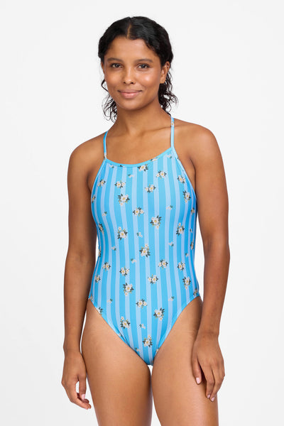 Female model wearing the Women's Julian One Piece Swimsuit in the Harbor Bloom print, standing in front of a grey background shown from the front view 

|| Size 30, Torso 59"