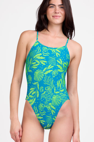 Female model wearing the Women's Michele One Piece Swimsuit in the Undersea print, standing in front of a grey background shown from the front view

|| Size 30, Torso 61"  