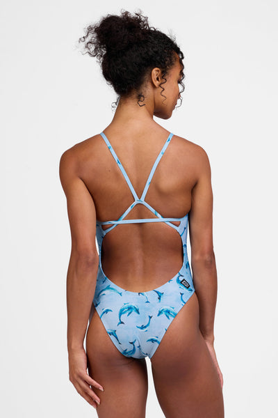 Female model wearing the Women's Perry One Piece Swimsuit in the Flippy print, standing in front of a grey background shown from the back view

|| Size 28, Torso 56"  