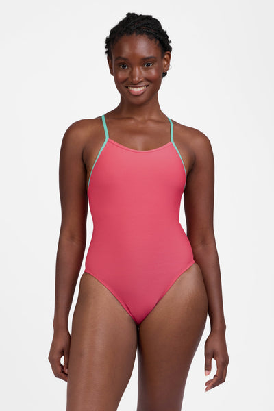 Female model wearing the Women's Perry One Piece Swimsuit in the Guava Crush contrast, standing in front of a grey background, shown from the front view

|| Size 30, Torso 60.5" 