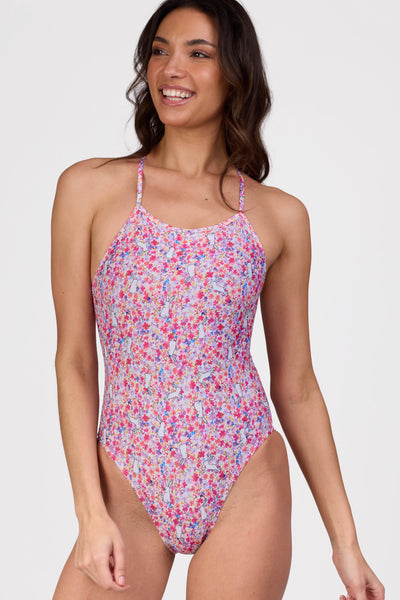 Female model wearing the Women's Perry One Piece Swimsuit in the Hop Hop print, standing in front of a grey background shown from the front view

|| Size 30, Torso 62"  