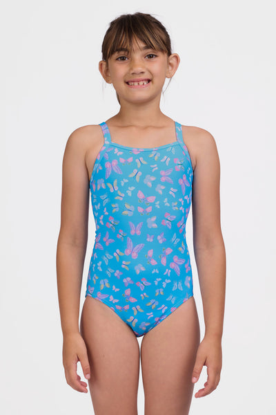 Youth girl model wearing the Tabitha One Piece Swimsuit in the Butterflies print, standing in front of a grey background shown from the front view

|| Size 20, Torso 42.5" 