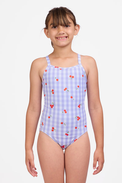 Youth girl model wearing the Tabitha One Piece Swimsuit in the Cherryade print, standing in front of a grey background shown from the front view

|| Size 20, Torso 42.5" 