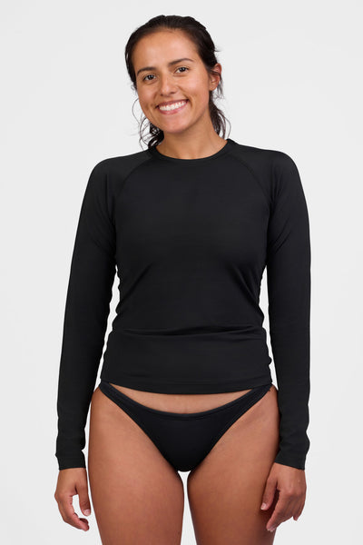 Female model wearing the Women's Daniela Rashguard in the Black solid, standing in front of a grey background shown from the front view

|| Size S, Bust 34"  
