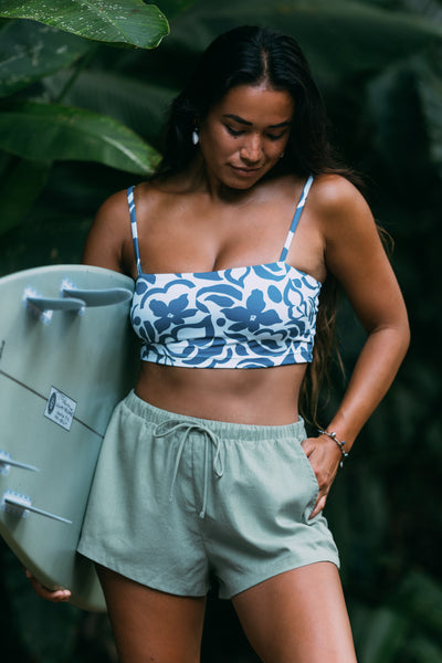 Female model wearing the Women's Kendall Short in the Algae solid, standing in front of a green background shown from the front view

|| Size S, Hips 35"  
