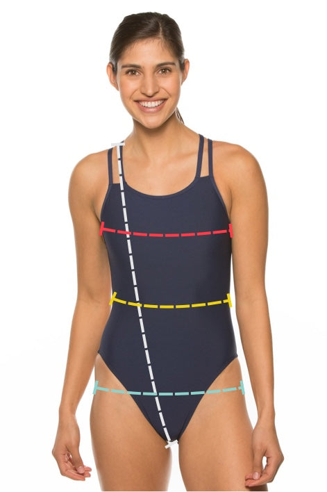Jolyn swimwear, a woman with measurement arrows and guide