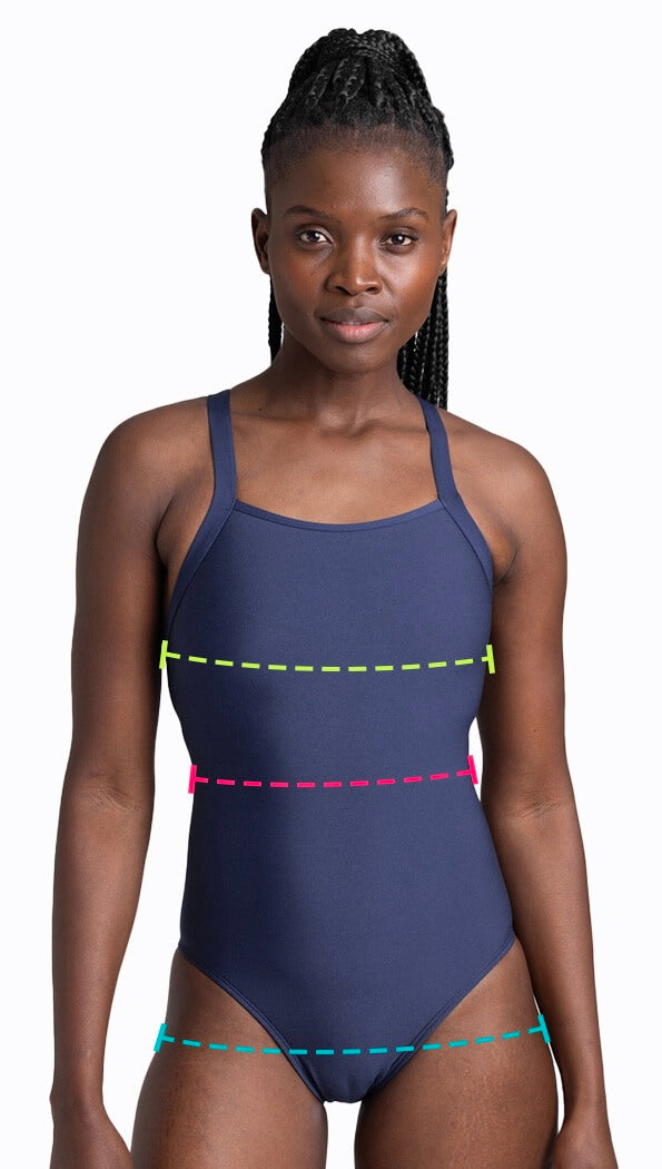 Jolyn swimwear, a woman with measurement arrows and guide, front side