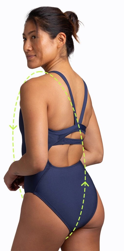 Jolyn swimwear, a woman with measurement arrows and guide, back side