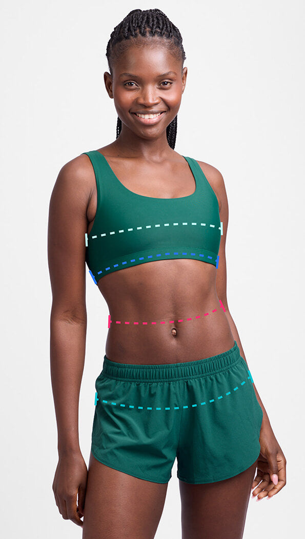 Jolyn activewear, a woman with measurement arrows and guide