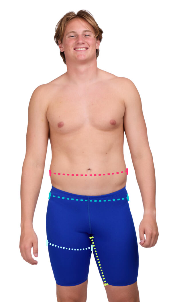 BROLYN from Jolyn swimwear, a man with measurement arrows and guide, back side
